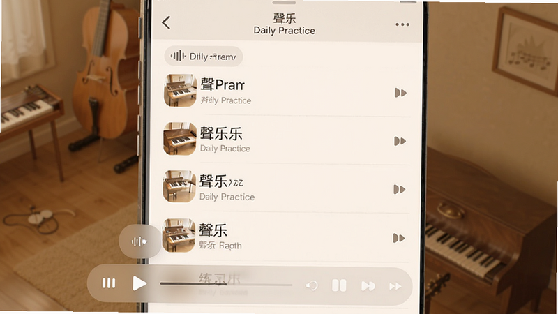 主体为音乐播放器界面,显示列表式的练习曲目,布局纵向滚动,排版整洁,风格温馨舒适,细节展示播放进度条和节拍器图标,画质细腻,干净,文字包含