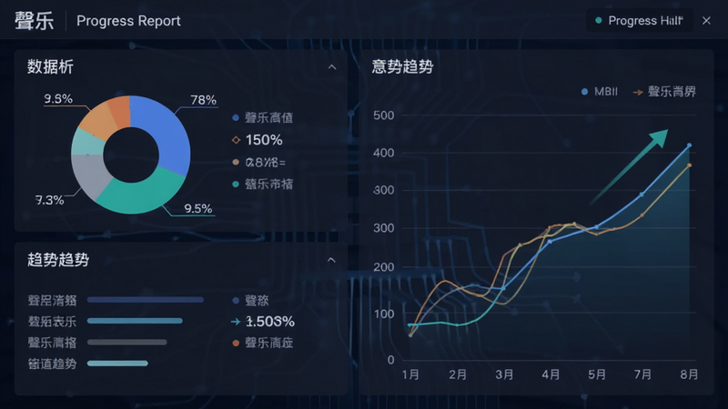 主体为数据分析仪表盘,包含饼图和折线图,布局模块化,排版专业严谨,风格商务科技,细节展示百分比数值和趋势箭头,画质高分辨率,干净,文字包含
