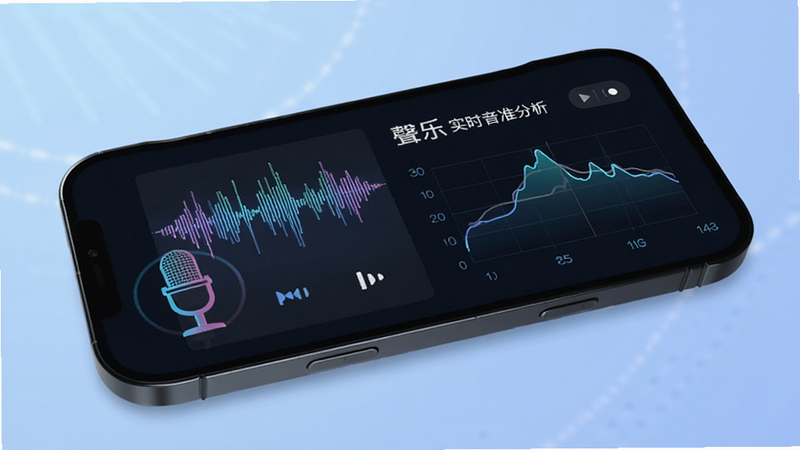 主体为手机屏幕界面,显示声波图和音准曲线,布局清晰简洁,排版现代,风格科技感与艺术感结合,细节展示麦克风录音状态,画质高清,干净无多余元素,文字包含