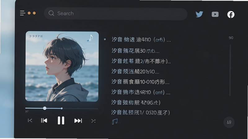 一张展示汐音APP主界面的高质量UI设计图,主体为深色模式下的音乐播放界面,左侧显示专辑封面,右侧显示歌词滚动效果,顶部有搜索栏和社交图标,整体风格极简现代,色调以深灰和柔和的汐蓝为主,布局清晰,排版整齐,细节精致,高清,干净,无多余元素
