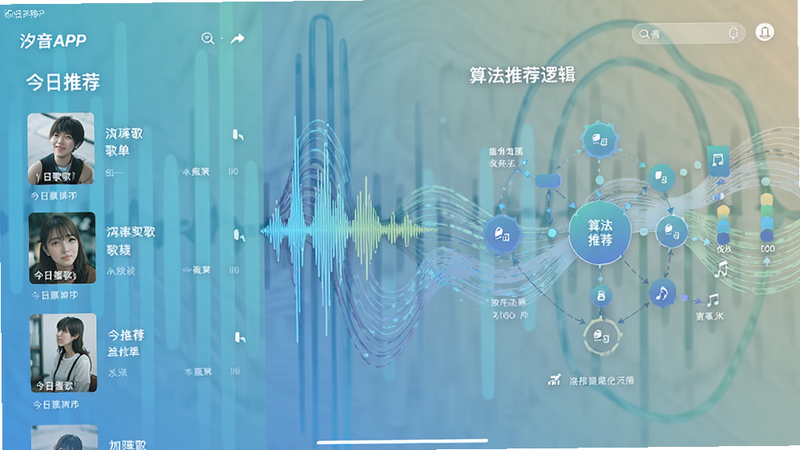 汐音APP个性化推荐界面展示,左侧为“今日推荐”歌单列表,右侧为算法推荐逻辑的可视化图表,中间穿插音乐波形动画,背景为抽象的声波线条,色调清新,布局平衡,排版有序,风格科技感与自然感结合,高清,干净,无多余元素
