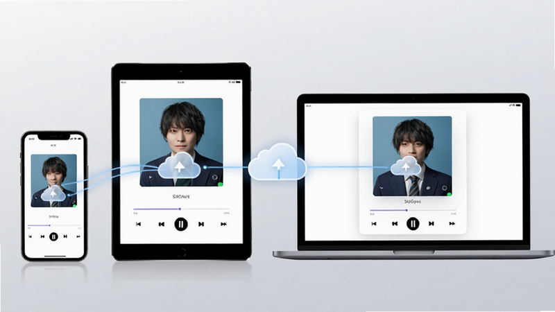 汐音APP跨设备同步示意图,手机、平板和笔记本电脑并排展示,屏幕上均显示相同的歌曲播放进度,中间用云朵图标和连线连接,象征数据同步,背景为浅灰色渐变,布局对称,排版简洁,风格现代商务,高清,干净,无多余元素
