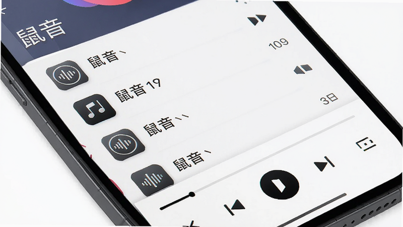 主体为手机屏幕特写,显示“鼠音”音乐播放器界面,布局清晰,包含播放列表与底部控制栏,排版简洁现代,风格扁平化,细节展示高保真音质图标,画质高清,干净,无多余元素