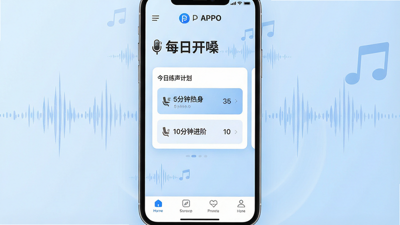 一张高清现代风格的手机应用界面展示图,主体为“每日开嗓”APP首页,布局清晰,顶部显示品牌Logo,中间区域展示今日练声计划卡片,包含“5分钟热身”和“10分钟进阶”选项,底部导航栏图标简洁,背景为柔和的浅蓝色渐变,风格简约科技,细节处有声波波纹装饰,画质清晰,干净无多余元素,文字清晰可见