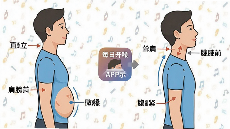 一张展示正确发声姿态与错误姿态对比的示意图,左侧为正确姿态:身体直立,肩膀下沉,腹部微鼓;右侧为错误姿态:耸肩,脖子前倾,腹部紧绷。中间标注“每日开嗓”APP提示图标,风格清晰易懂,教育类插画风格,细节标注明确,画质清晰,干净,无多余元素,文字准确