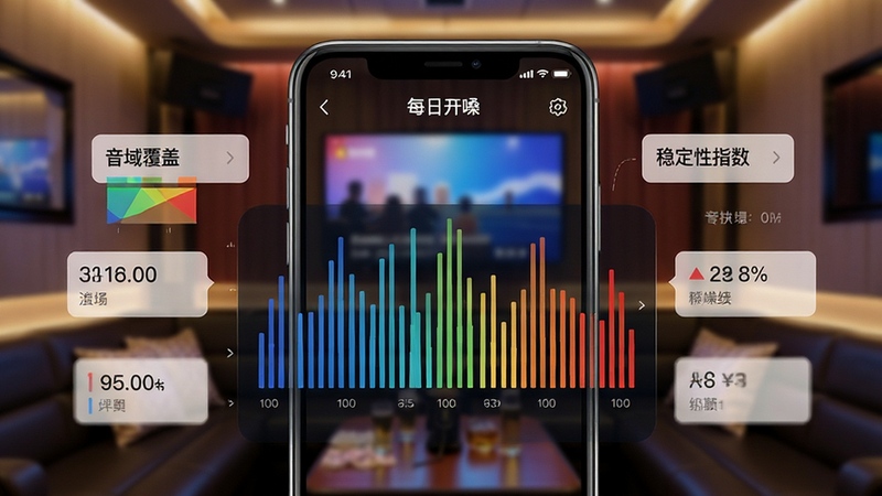 一张展示“每日开嗓”APP实时数据监控界面的示意图,主体为手机屏幕中央的动态声波柱状图,颜色随声音强度从蓝变红,周围环绕着“音域覆盖”、“稳定性指数”等数据标签,背景为模糊的KTV包厢环境,强调科技感与专业度,风格写实结合UI设计,细节丰富,画质细腻,干净,无多余元素,文字准确