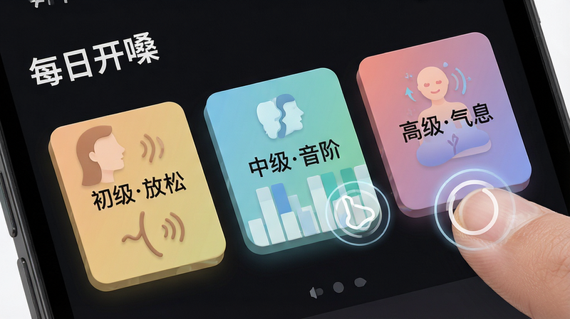 一张展示“每日开嗓”APP训练模块选择界面的特写图,主体为三个并列的功能卡片,分别标注“初级放松”、“中级音阶”、“高级气息”,卡片设计具有立体感,背景为深色模式下的APP界面,突出屏幕内容,风格现代扁平化,细节处有手指点击的交互效果,画质高清,干净,无多余元素,文字清晰