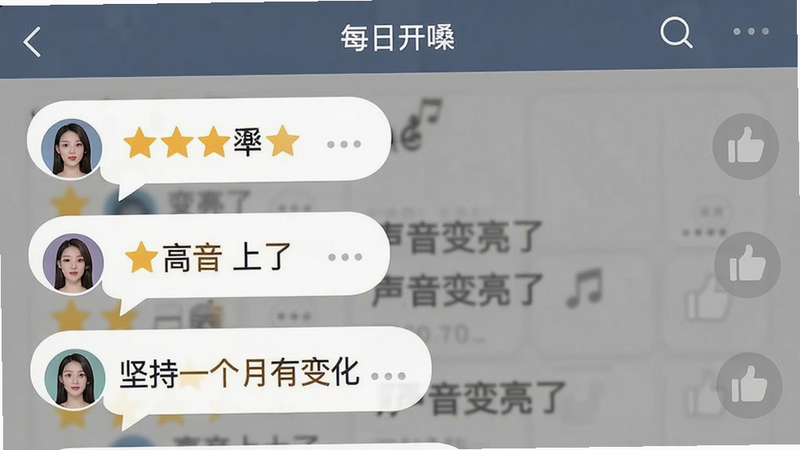 一张展示“每日开嗓”APP用户评价界面的截图风格图,主体为多条五星好评气泡,内容涉及“声音变亮了”、“高音上去了”、“坚持一个月有变化”等,背景为APP界面底色,风格亲切真实,细节处有用户头像和点赞图标,画质清晰,干净,无多余元素,文字清晰可读
