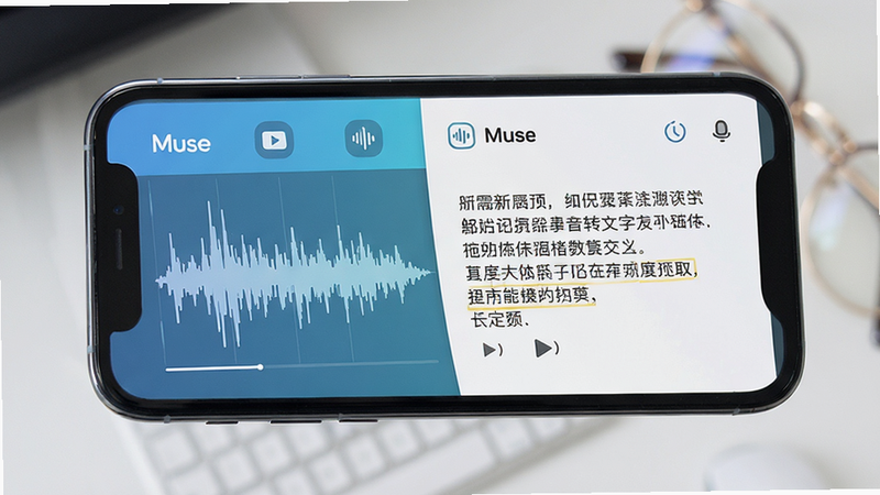 手机界面展示录音转文字功能,屏幕左侧是波形图,右侧是实时生成的文字段落,界面清晰,图标扁平化设计,色调清新,突出