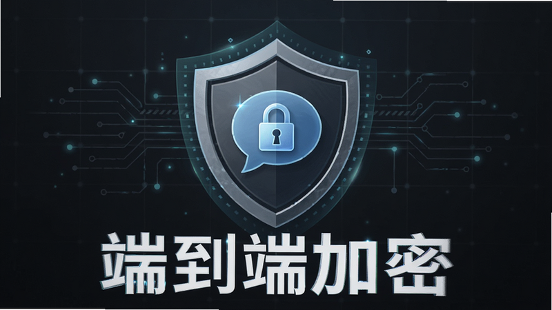 强调 rolochat 安全加密特性的概念图,主体为盾牌图标包裹着聊天气泡,背景为深灰色科技感网格,布局居中,突出保护屏障,风格严肃专业,细节包含锁头元素,画质锐利,干净简洁,无多余元素,文字“端到端加密”清晰,整体传达安全可信感