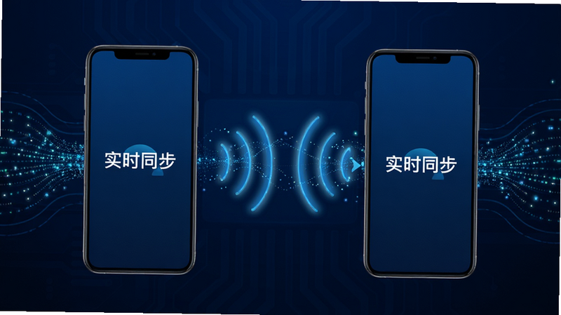 展示 rolochat 消息同步功能的示意图,画面中心为两个手机屏幕通过无线信号连接,背景为深蓝色科技风,布局对称,突出数据流动的线条效果,排版紧凑,风格专业,细节包含数据流粒子,画质高清,干净无杂点,文字标注“实时同步”清晰可见