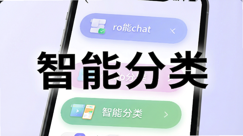 rolochat 智能分类功能演示图,手机界面显示三个不同的消息分类标签,背景为淡紫色渐变,布局分层清晰,突出标签筛选按钮,风格清新明快,细节展示分类图标,画质细腻,无多余装饰,文字“智能分类”醒目,整体视觉舒适