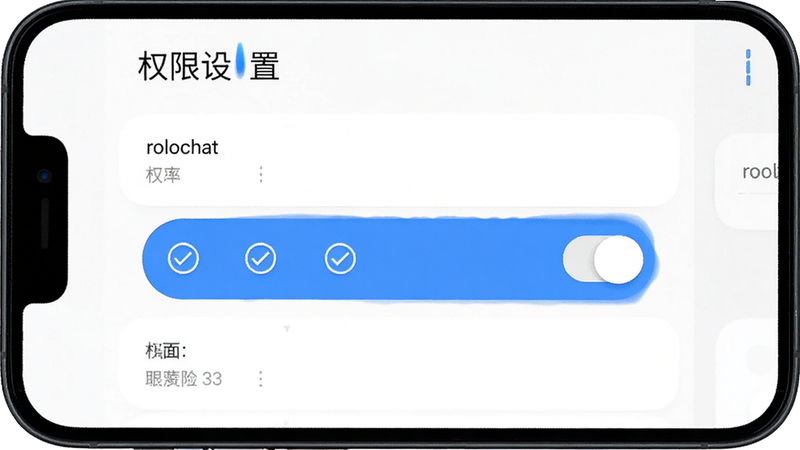 展示 rolochat 移动端设置界面的教程图,手机屏幕显示权限设置选项,背景为白色,布局垂直排列,突出权限开关按钮,风格简洁,细节包含勾选标记,画质清晰,无多余元素,文字“权限设置”清晰可见,整体便于用户理解操作