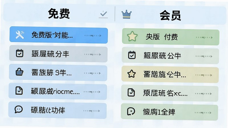 对比 rolochat 免费版与付费版功能的图表,布局为左右两栏,左侧标注“免费”,右侧标注“会员”,背景为浅蓝色,风格对比鲜明,细节列出主要功能差异,画质高清,干净无杂乱,文字清晰易读,整体直观展示区别