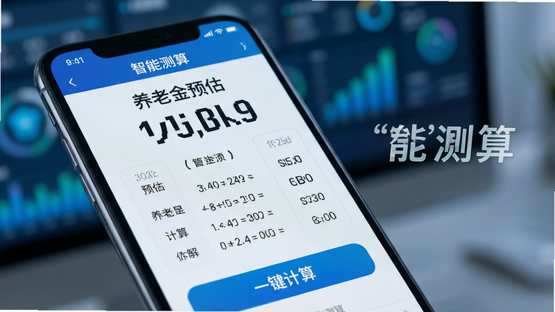 展示社保测算界面的特写图,主体为手机屏幕,屏幕上显示着“养老金预估”的大数字和详细的计算公式拆解,下方有“一键计算”按钮。背景虚化,突出屏幕内容,风格科技感强,细节清晰,画质高清,干净无多余元素,文字显示“智能测算”。