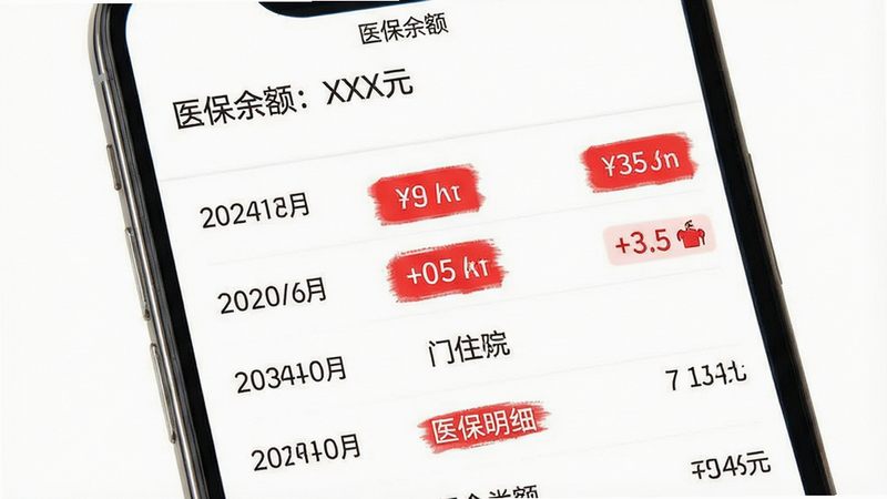 医保账单列表界面图,主体为手机屏幕,列表中清晰列出日期、金额、类型(门诊/住院)等字段,顶部显示“医保余额:XXX元”。背景为白色,布局整齐,字体易读,风格简洁商务,细节处有红色高亮显示重要数据,画质高清,干净无多余元素,文字显示“医保明细”。