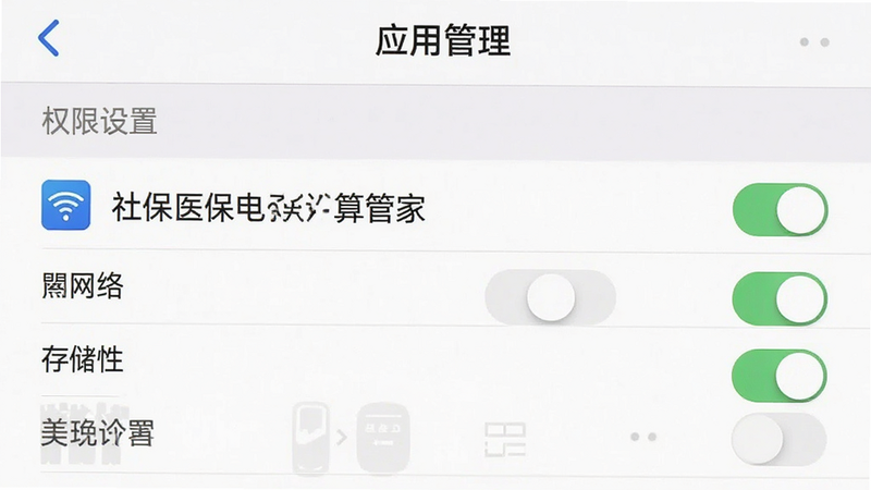 手机设置界面截图,主体为“应用管理”页面,高亮显示“社保医保电子计算管家”的权限设置项,包括“网络”、“存储”等。背景为白色,布局清晰,风格简洁,细节处有开关按钮,画质高清,干净无多余元素,文字显示“权限设置”。