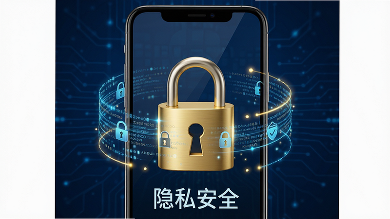 数据安全锁图标与手机界面的结合图,主体为手机屏幕,屏幕上覆盖着一把金色的安全锁,周围环绕着数据流线条,象征数据加密传输。背景为深蓝色科技风,布局中心对称,风格专业严谨,细节处有光效点缀,画质高清,干净无多余元素,文字显示“隐私安全”。