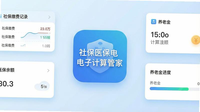 一张现代简约风格的APP界面展示图,主体为“社保医保电子计算管家”应用图标,居中放置,周围环绕着简洁的社保缴费记录图表、医保余额卡片和养老金计算进度条。背景为干净的浅蓝色渐变,布局清晰,排版对称,风格扁平化,细节处有细微的光影效果,画质高清,干净无多余元素,文字清晰显示“社保医保电子计算管家”。