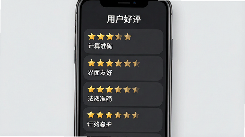 用户评价界面图,主体为手机屏幕,显示多条五星好评和简短评论,如“计算准确”、“界面友好”等。背景为浅灰色,布局列表式,风格亲切,细节处有星星图标,画质高清,干净无多余元素,文字显示“用户好评”。
