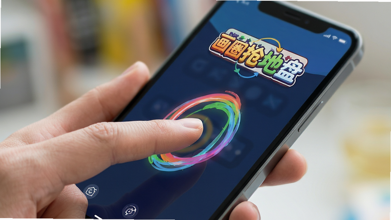 ��ƽ��UI���չʾ����д��ָ���ƶ��豸��Ļ�ϻ������Ʋ�ɫ�켣����Ļ�Ϸ���ʾ����Ȧ�����̡�Logo������Ԫ�ؼ�࣬ɫ�����죬ǿ�����ؽ����������У������黯���۽��ֲ���������Ļ����������ϸ��