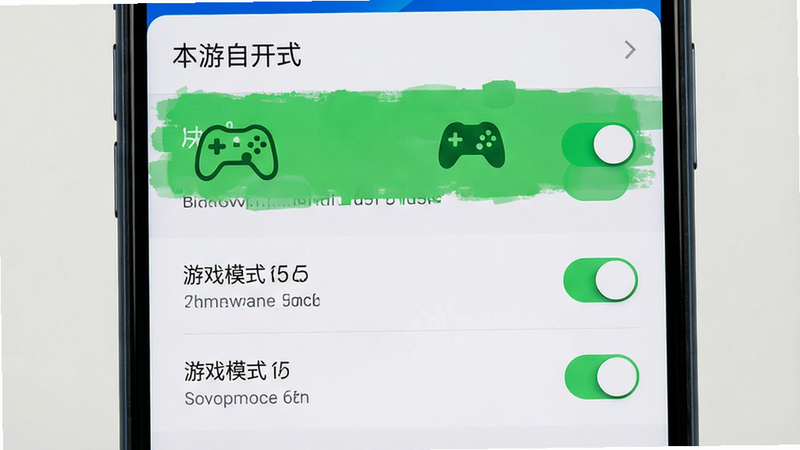 主体为手机设置界面,展示“游戏模式”开启状态,布局垂直滚动,排版清晰,风格为系统原生UI,细节包含开关按钮的高亮状态,画质清晰,干净,无多余元素