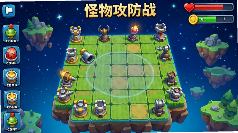 一张展示《怪物攻防战》游戏主界面的高清图片,画面中央是网格状的战场布局,左侧排列着多种卡通风格的防御塔图标,右侧显示着血量和金币资源条,背景是深蓝色的星空与漂浮的岛屿,整体色调明亮鲜艳,风格为2.5D卡通渲染,细节丰富,画质清晰,无多余文字干扰,布局居中对称。