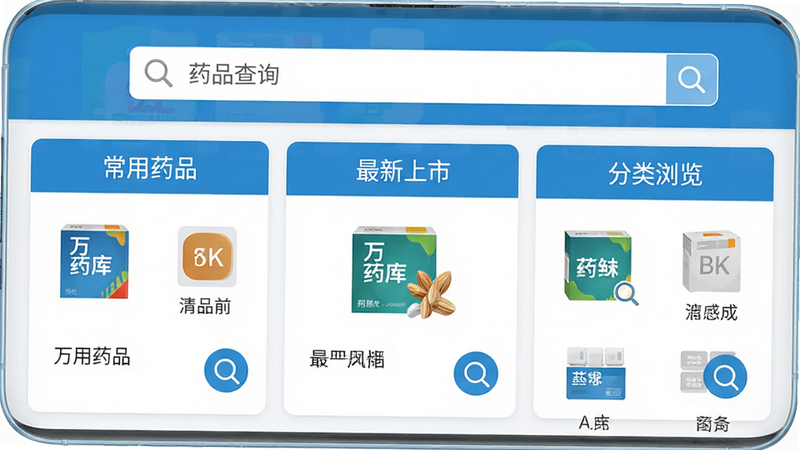 ����Ϊ��ҩ��APP��׿��������ͼ������Ϊ�������������У��·���Ϊ������ҩƷ�������������С������������������ģ�飬�Ű��������������Ϊ��ƽ��ҽ������ɫ����ϸ�ڰ���ҩƷ��װ��ͼ�ꡢ�����Ŵ󾵷��ţ�����4k���壬�ɾ��޶���Ԫ�أ���������ʾ����ҩ�⡱����ҩƷ��ѯ��