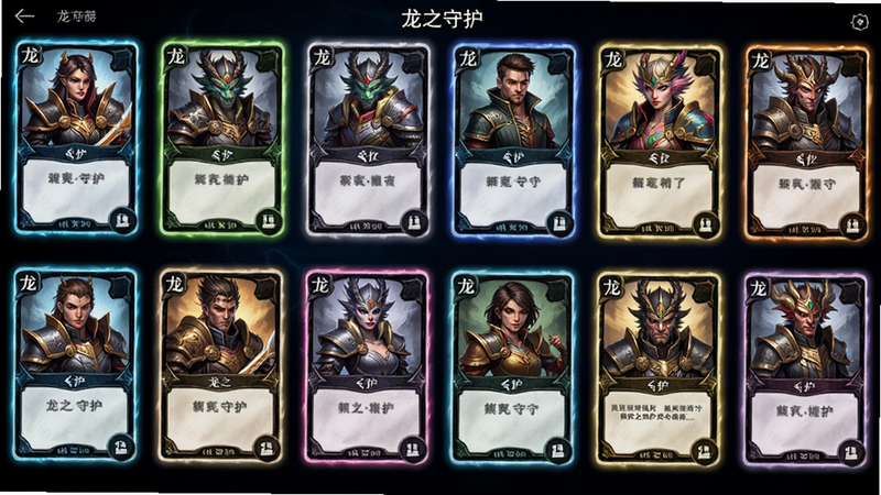 《龙之守护》角色卡牌排列界面,展示多张不同职业的角色卡牌,每张卡牌有清晰的边框特效,背景为深色渐变,突出卡牌细节,布局整齐,风格现代,高清质感,无杂乱元素,主体突出,排版规范