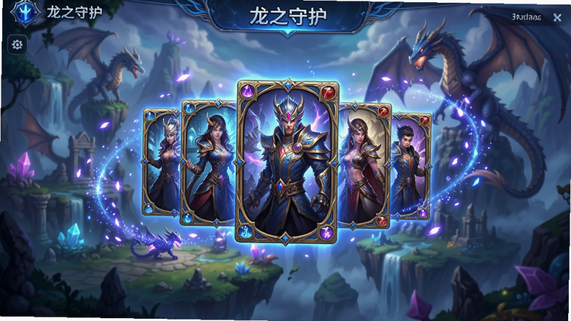 一张展示《龙之守护》游戏主界面的全景图,画面中央是华丽的角色卡牌展示区,背景为梦幻的龙之谷场景,周围环绕着光效粒子,整体色调为蓝紫色系,突出科技感与奇幻感,高清渲染,无多余文字干扰,主体清晰,布局均衡,风格唯美,细节丰富,画质极佳