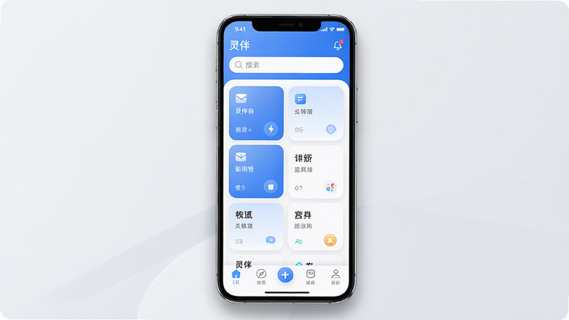 主体为一部现代智能手机居中展示,屏幕显示灵伴APP首页界面,布局清晰有序,顶部为搜索栏,中部为功能模块网格,底部为导航栏,排版整洁大方,风格简约科技蓝白配色,细节处有柔和阴影增强立体感,画质高清,干净无多余元素,文字“灵伴”清晰可见