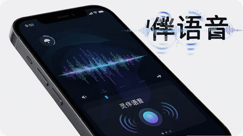 主体为手机侧面视角,显示语音助手界面,布局为波形图与文字反馈区,排版动态流畅,风格科技感强,细节处有声波动画效果,画质清晰,干净无杂乱背景,文字“灵伴语音”突出显示
