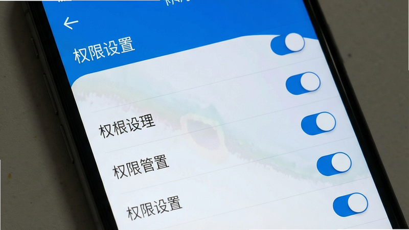 主体为手机设置界面截图,显示权限管理列表,布局为垂直列表,排版清晰,风格系统原生蓝白,细节处有开关图标,画质清晰,干净无其他干扰,文字“权限设置”高亮显示