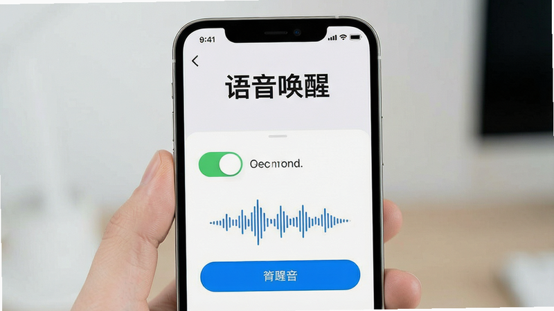 主体为手机屏幕,显示语音唤醒设置界面,布局为开关与按钮,排版直观,风格现代简约,细节处有声纹波形图,画质清晰,干净无杂乱元素,文字“语音唤醒”醒目