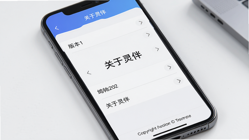 主体为手机屏幕,显示关于页面,布局为信息列表,排版简洁,风格专业商务,细节处有版本号与版权信息,画质高清,干净无多余装饰,文字“关于灵伴”居中