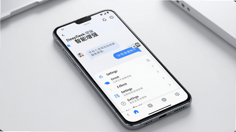画面中心展示一部安卓智能手机,屏幕显示名为“DeepSeek 增强”的应用界面,界面采用极简白色背景搭配科技蓝色点缀,顶部有清晰的“智能增强”标题,中间展示对话气泡和设置列表,底部为导航栏,整体风格现代简约,高清渲染,无多余杂乱元素,质感细腻