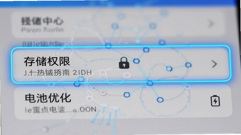 手机界面截图展示设置页面,重点高亮“存储权限”和“电池优化”选项,背景虚化,突出关键设置项,界面整洁,文字清晰可读,科技感蓝色调,高清细节