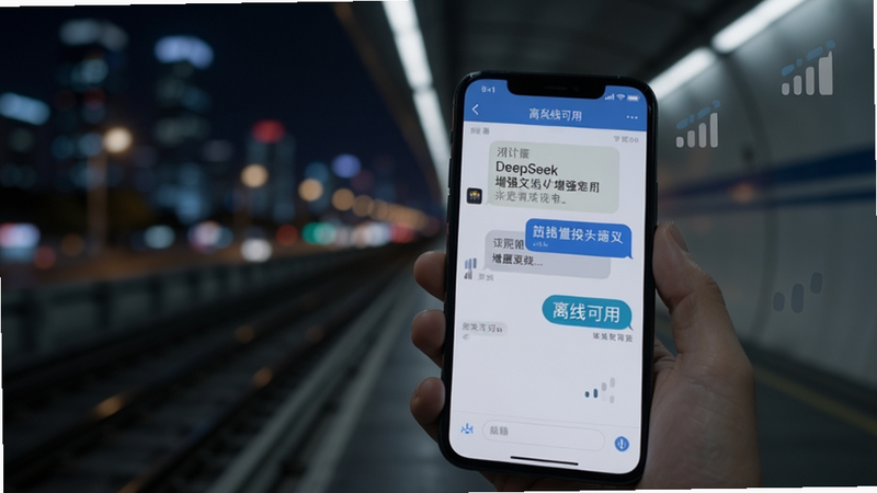 展示手机在信号微弱的环境下使用DeepSeek增强应用的场景,背景为模糊的城市夜景或隧道内部,手机屏幕亮起显示清晰的文字对话界面,强调“离线可用”标签,光影柔和,突出科技感与可靠性,画面干净,高清晰度