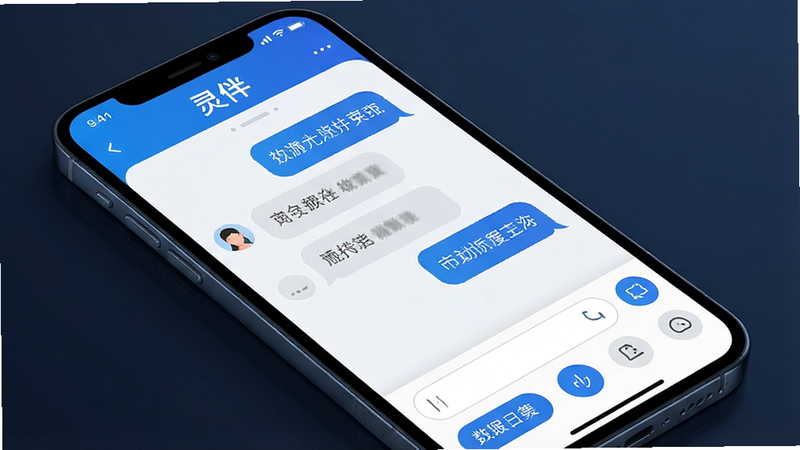 一张展示“灵伴”APP界面的高质量UI设计图,主体为手机屏幕,布局清晰,顶部显示应用名称“灵伴”,中间是聊天气泡对话区,底部是输入框和功能按钮,风格现代简约,蓝色科技色调,细节精致,画质高清,干净无多余元素