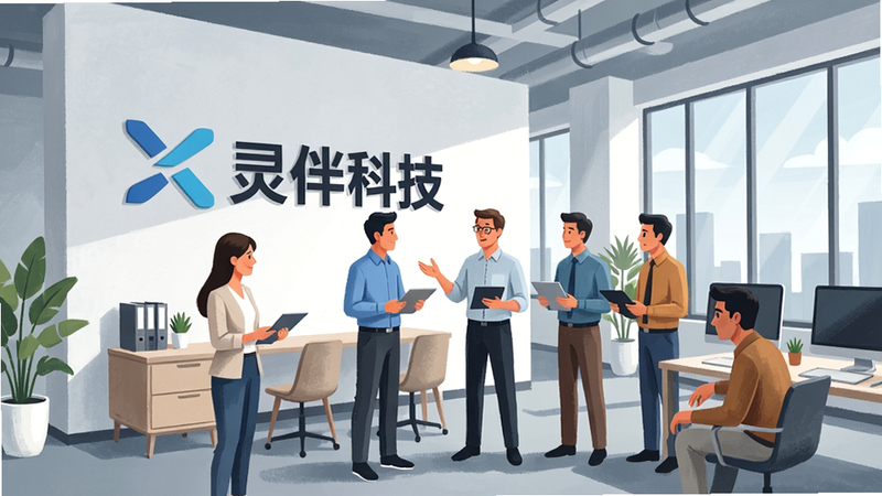 一张现代办公室场景的插画,一群工程师正在讨论,墙上挂着“灵伴科技”的Logo,风格为商业插画,布局开阔,人物动态自然,细节丰富,画质清晰,干净背景