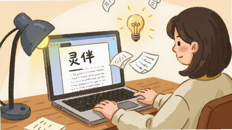 一张展示写作场景的插画,一个人坐在桌前,电脑屏幕上显示“灵伴”生成的文字,旁边有灯泡和纸张飞舞的特效,象征灵感迸发,风格为温暖的手绘风格,布局舒适,细节生动,画质细腻,干净背景