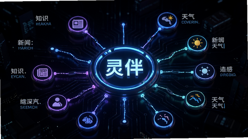 一张科技感十足的信息流示意图,中心是一个发光的“灵伴”Logo,周围连接着各个数据节点,代表知识、新闻、天气等,布局呈放射状,风格为赛博朋克风但保持整洁,细节丰富,画质高清,无多余装饰