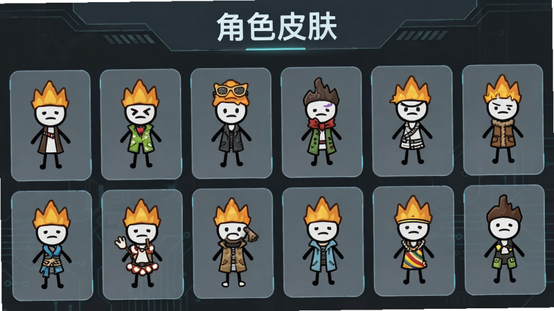 “迷你火柴人派对”的角色选择界面预览图,布局为网格状展示多个不同装扮的火柴人,背景为深灰色科技感,排版整齐有序,风格为UI设计展示,细节精致,画质清晰,干净无多余元素,文字“角色皮肤”置于顶部