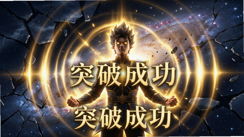 主体展示境界突破瞬间,角色周身环绕金色光环,背景破碎的天空重组为星河,布局对称,排版聚焦中心爆发点,风格为史诗奇幻,细节展示能量波纹扩散,画质极致清晰,干净,无多余元素,画面中包含文字