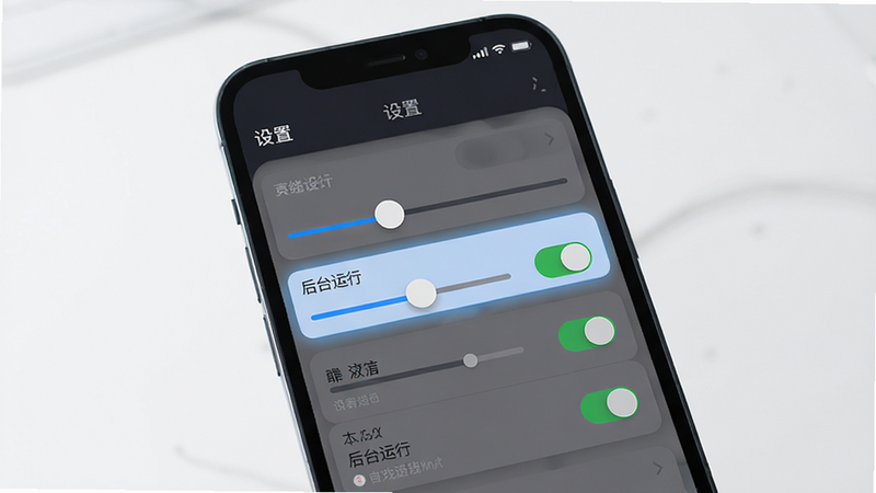 主体为手机屏幕显示游戏设置界面,布局为列表式菜单,高亮显示“后台运行”选项,排版简洁现代,风格为UI设计展示,细节包含滑块控件与开关按钮,画质清晰,干净,无多余元素,画面中包含文字