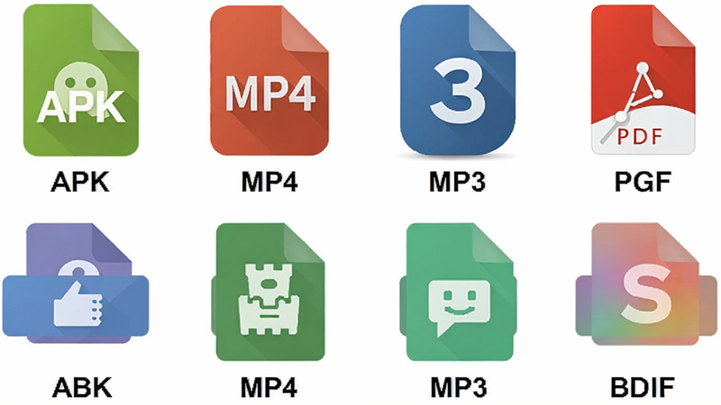 Ghost Downloader 支持文件类型图标集合,展示 APK、MP4、MP3、PDF 等图标整齐排列,背景为白色,每个图标下方有对应格式名称,色彩鲜艳,扁平化设计风格,高清,边缘锐利,无阴影