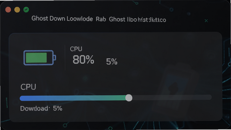 Ghost Downloader 后台运行状态监控图,显示电池图标剩余 80%,CPU 占用率 5%,下载进度条缓慢移动,背景为深色模式,强调省电与稳定,科技感强,细节丰富,高清,无干扰元素