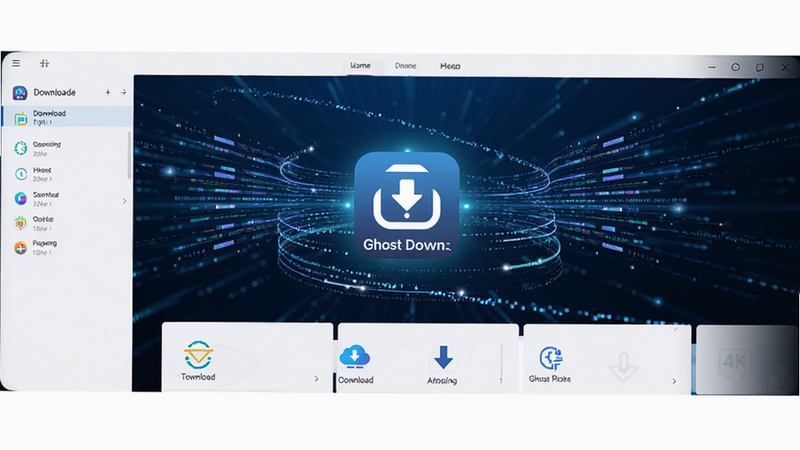 Ghost Downloader 安卓应用主界面全景图,深蓝色科技背景,中央显示软件 Logo,周围环绕着高速数据流线条,展示多线程下载概念,界面整洁,无多余装饰,高清,4k,干净,无水印