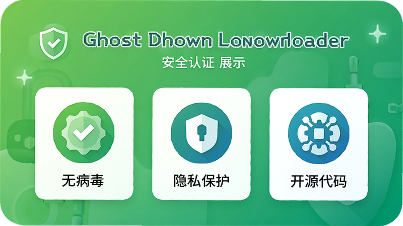 Ghost Downloader 安全认证徽章展示,显示“无病毒”、“隐私保护”、“开源代码”等图标,背景为绿色渐变,象征安全与信任,简洁现代风格,高清,无多余文字