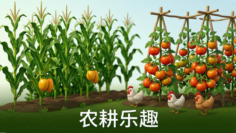主体为“守护庄园”农田特写,布局采用斜侧视角展示,画面中是郁郁葱葱的玉米地和番茄架,排版错落有致,风格为写实与卡通结合,细节处有成熟的果实和勤劳的小鸡,画质8k超清,干净背景,文字“农耕乐趣”位于底部,字体简洁